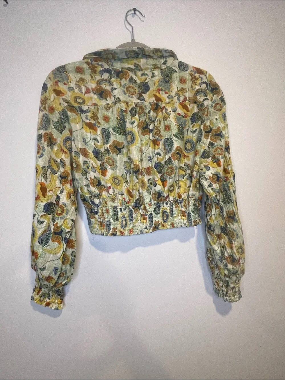 Anthropologie Floral Twist-Front Cropped Blouse - Yellow Green Blue